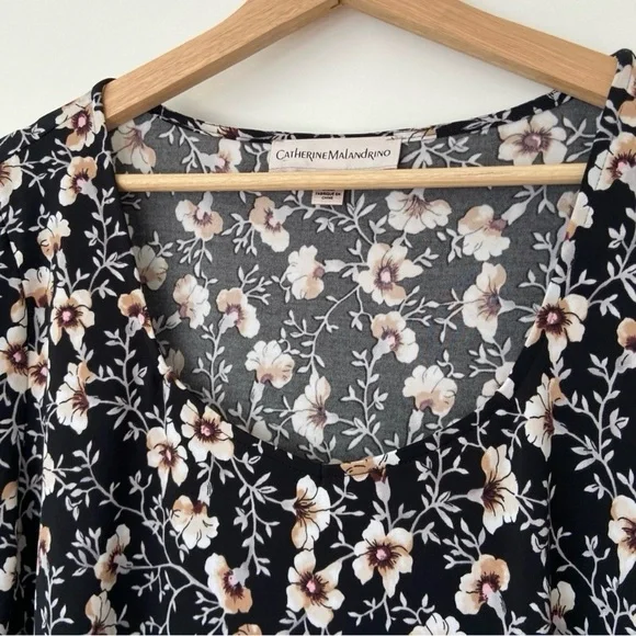 CATHERINE MALANDRINO BLACK/WHITE/BEIGE FLORAL JERSEY SHORT SLEEVED TOP, X-LARGE - Picture 8 of 9